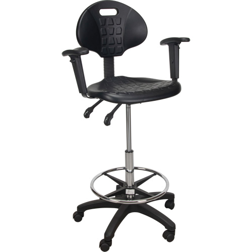 Tabouret ergonomique robuste avec accoudoirs r&eacute;glables et roulettes en nylon, Mobile, Ajustable, 39" - 48", Polyur&eacute;thane Si&egrave;ge, Noir R.M.G. Prévention