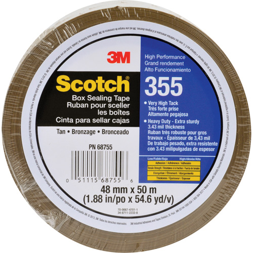 Scotch&reg; 355 Box Sealing Tape, Hot Melt Adhesive, 3.4 mils, 48 mm (1-22/25") x 50 m (164') R.M.G. Prévention