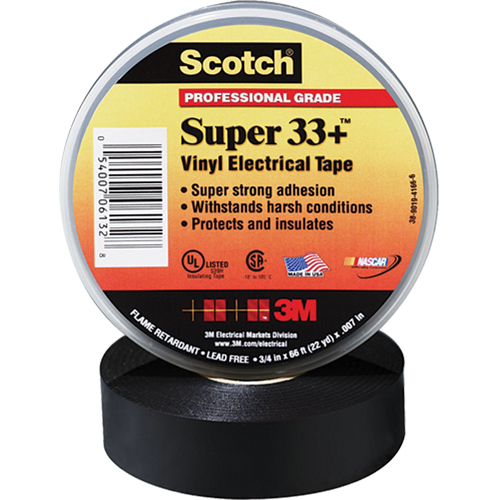 Scotch&reg; Super 33 Tape, 19 mm (3/4") x 20.1 m (66'), Black, 7 mils R.M.G. Prévention