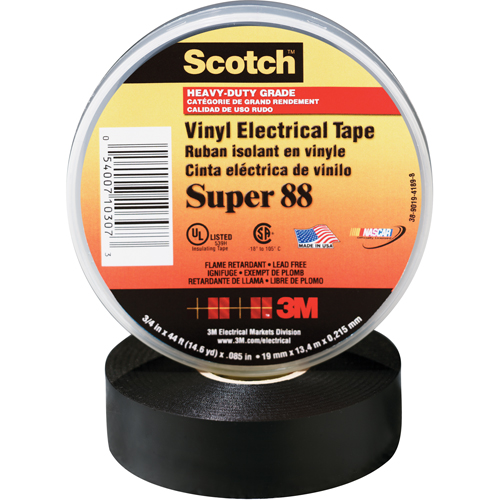 Scotch&reg; Super 88 Tape, 19 mm (3/4") x 20.1 m (66'), Black, 8.5 mils R.M.G. Prévention