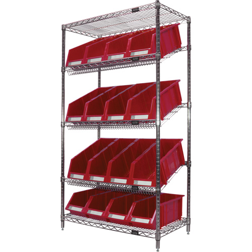 &eacute;tag&egrave;re en treillis m&eacute;tallique &agrave; tablettes inclin&eacute;es avec bacs, Tiers 5, 36" la x 63" h x 18" p R.M.G. Prévention