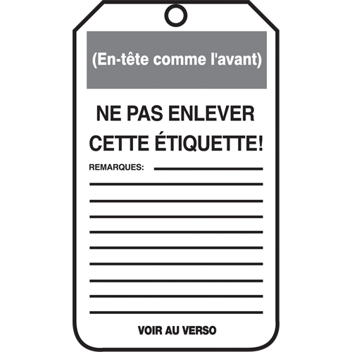 Lockout Tags, Cardstock, 3-1/8" W x 5-7/8" H, French R.M.G. Prévention