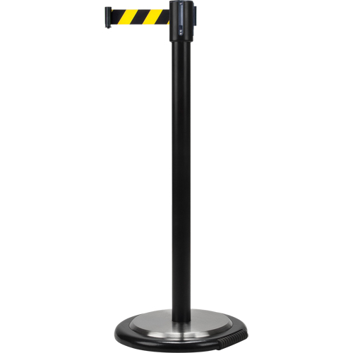 Barri&egrave;res sur pieds pour le contr&ocirc;le des foules, Acier, 35" h, Ruban Noir/Jaune, Longueur du ruban 7' R.M.G. Prévention