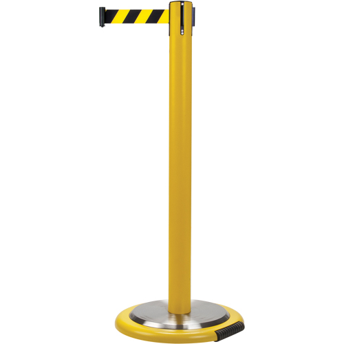 Free-Standing Crowd Control Barrier, Steel, 35" H, Black/Yellow Tape, 7' Tape Length R.M.G. Prévention