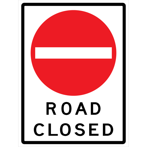 Enseigne enroulable de circulation  Road Closed , 36" x 48", Vinyle, Anglais avec pictogramme R.M.G. Prévention