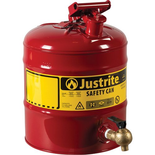 Bidon avec robinet s&eacute;curitaires pour laboratoires, Type I, Acier, 5 gal. US, Rouge, Homologu&eacute; FM R.M.G. Prévention