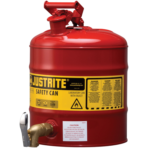 Bidon avec robinet s&eacute;curitaires pour laboratoires, Type I, Acier, 5 gal. US, Rouge, Homologu&eacute; FM R.M.G. Prévention