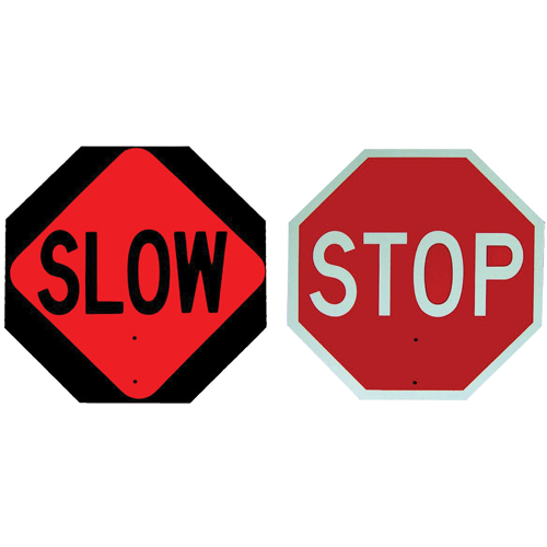 Double-Sided "Stop/Slow" Traffic Control Sign, 18" x 18", Plastic, English with Pictogram R.M.G. Prévention