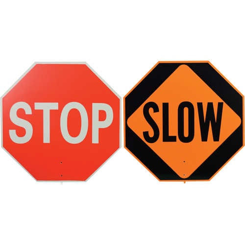 Double-Sided "Stop/Slow" Traffic Control Sign, 18" x 18", Plastic, English with Pictogram R.M.G. Prévention