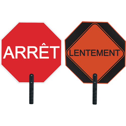 Double-Sided "Arr&ecirc;t/Lentement" Traffic Control Sign, 18" x 18", Aluminum, French with Pictogram R.M.G. Prévention