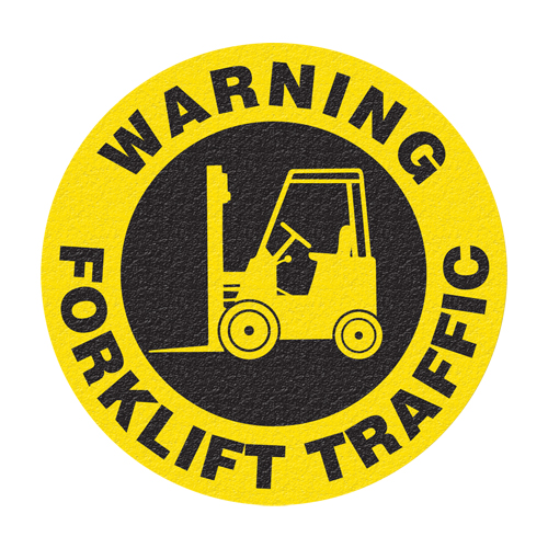 Panneau de signalisation au sol  Warning Forklift Traffic , Adh&eacute;sif, Anglais avec pictogramme R.M.G. Prévention