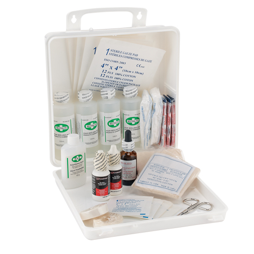 Trousse de premiers soins des brûlures pour soudeurs Dynamic, Dispositif m&eacute;dical Classe 1, Boîte en plastique R.M.G. Prévention