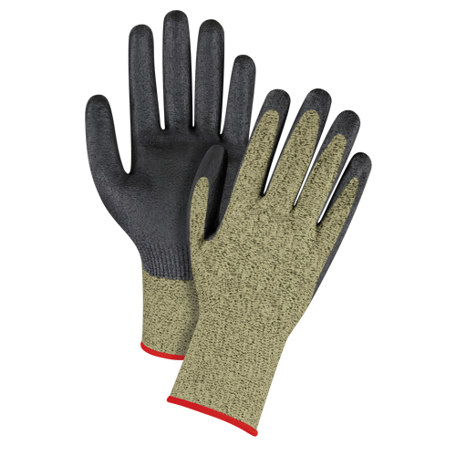 Gants &eacute;lastiques sans coutures r&eacute;sistants &agrave; la coupe noir & jaune, Taille Petit/7, Calibre 13, Rev&ecirc;tement Mousse de nitrile, Enveloppe en Aramide, ASTM ANSI niveau A6 R.M.G. Prévention