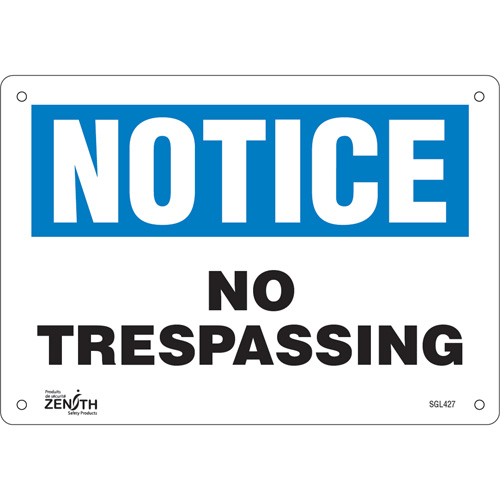 Enseigne No Trespassing, 7" x 10", Aluminium, Anglais R.M.G. Prévention