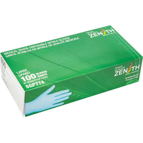Gants jetables de calibre m&eacute;dical r&eacute;sistants &agrave; la perforation, Grand, Nitrile, 4,5 mils, Sans poudre, Bleu, Classe 2 R.M.G. Prévention