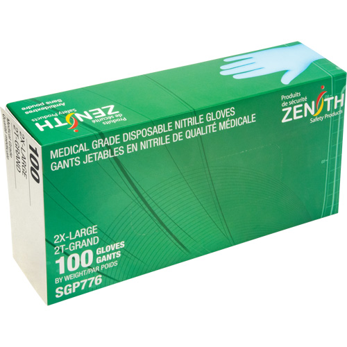 Gants jetables de calibre m&eacute;dical r&eacute;sistants &agrave; la perforation, 2T-Grand, Nitrile, 4,5 mils, Sans poudre, Bleu, Classe 2 R.M.G. Prévention