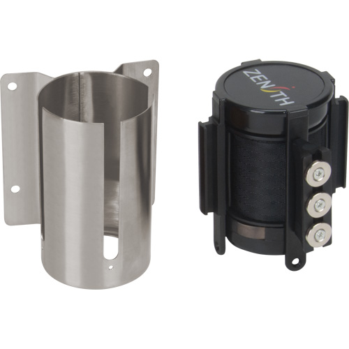 Barri&egrave;re &agrave; fixation murale avec ruban magn&eacute;tique, Acier, Fixation par vis, 12', Ruban Noir R.M.G. Prévention