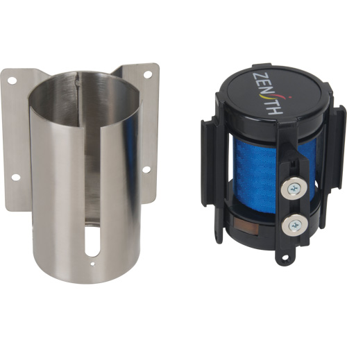 Barri&egrave;re &agrave; fixation murale avec ruban magn&eacute;tique, Acier, Fixation par vis, 7', Ruban Bleu R.M.G. Prévention