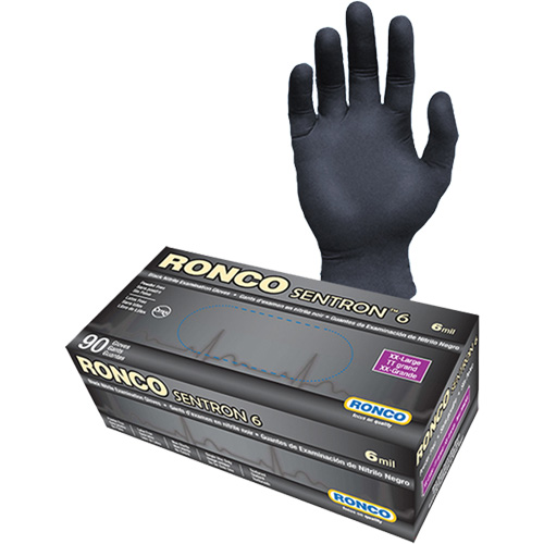 Gants d'examen jetables Sentron 6, 2T-Grand, Nitrile, 6 mils, Sans poudre, Noir, Classe 2 R.M.G. Prévention