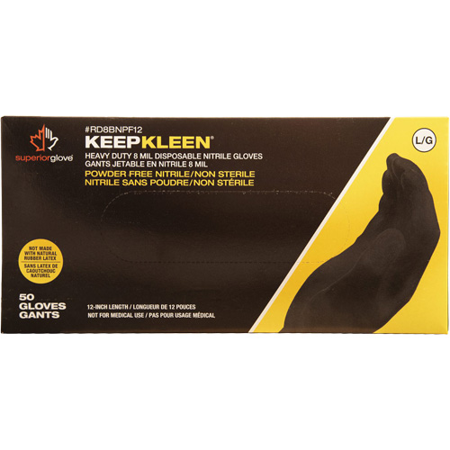 Gants jetables KeepKleen, Grand, Nitrile, 8 mils, Sans poudre, Noir R.M.G. Prévention