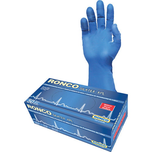 Gant d'examen extra long SilkTex XPL, Moyen, Latex, 13 mils, Sans poudre, Bleu, Classe 2 R.M.G. Prévention