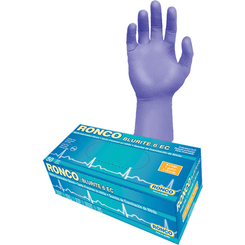 Gants d'examen &agrave; manchette allong&eacute;e Blurite 6 EC, Petit, Nitrile, 6 mils, Sans poudre, Mauve, Classe 2 R.M.G. Prévention