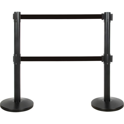 Dual Belt Crowd Control Barrier, Steel, 35" H, Black Tape, 7' Tape Length R.M.G. Prévention