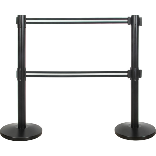 Dual Belt Crowd Control Barrier, Steel, 35" H, Black/White Tape, 7' Tape Length R.M.G. Prévention
