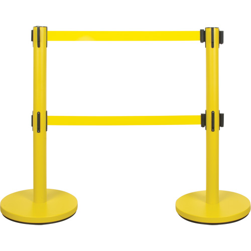 Barri&egrave;re pour le contr&ocirc;le des foules &agrave; courroie double, Acier, 35" h, Ruban Jaune, Longueur du ruban 7' R.M.G. Prévention