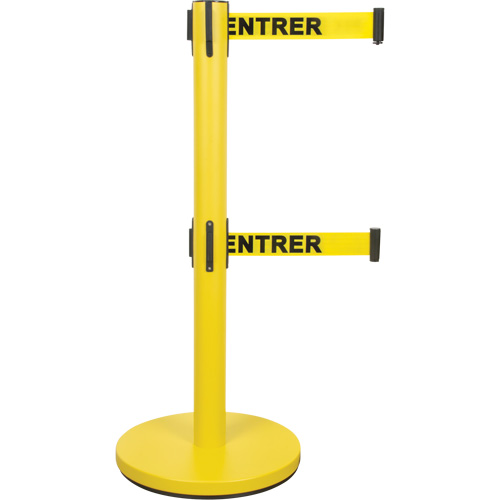 Barri&egrave;re pour le contr&ocirc;le des foules &agrave; courroie double, Acier, 35" h, Ruban Jaune, Longueur du ruban 7' R.M.G. Prévention