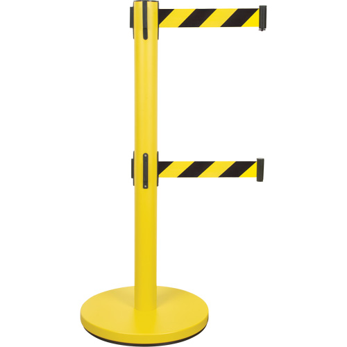Dual Belt Crowd Control Barrier, Steel, 35" H, Black/Yellow Tape, 7' Tape Length R.M.G. Prévention