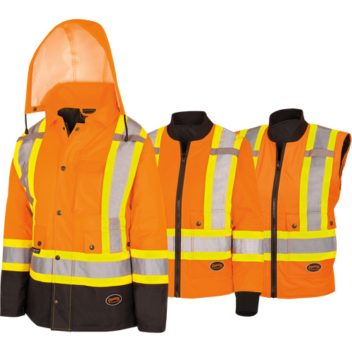 5020BBW Women's  7-in-1 Waterproof Jacket with Hood, Polyester/Polyurethane, High Visibility Orange, X-Small R.M.G. Prévention