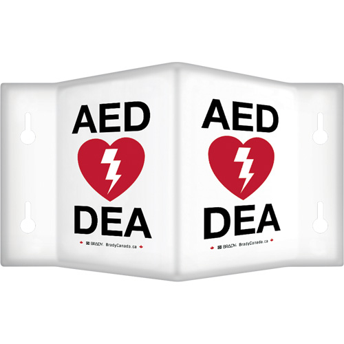 90° Projecting "AED/DEA" Sign, 6" x 5", Plastic, Bilingual with Pictogram R.M.G. Prévention