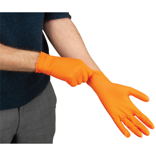 Gants d'examen de poids lourd &agrave; prise tactile, 2T-Grand, Nitrile, 8 mils, Sans poudre, Orange R.M.G. Prévention