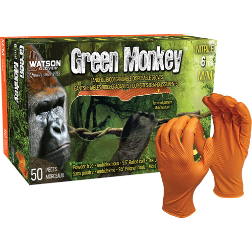 Gants jetables GreenMonkey, Petit, Nitrile, 6 mils, Sans poudre, Orange R.M.G. Prévention