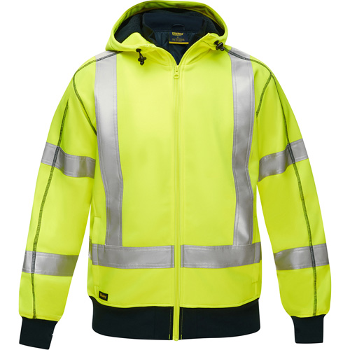 Coton ouat&eacute; doubl&eacute; de sherpa avec capuchon &agrave; fermeture &eacute;clair compl&egrave;te et X au dos Bisley, Petit, Jaune lime haute visibilit&eacute; R.M.G. Prévention