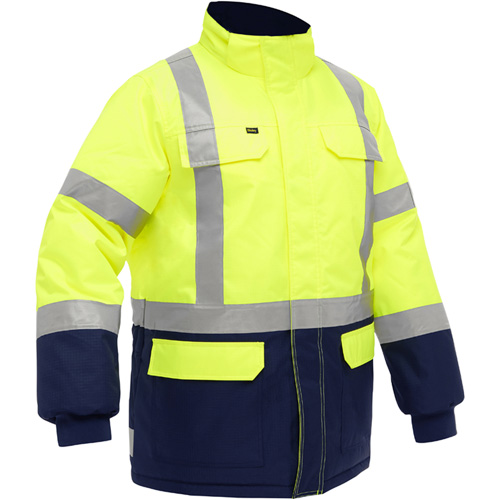 Manteau pour le froid extr&ecirc;me avec bas bleu marin et X au dos Bisley, Polyester, Jaune lime haute visibilit&eacute;, T-Grand R.M.G. Prévention