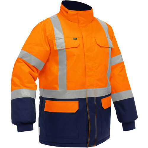 Manteau pour le froid extr&ecirc;me avec bas bleu marin et X au dos Bisley, Polyester, Orange haute visibilit&eacute;, 4T-Grand R.M.G. Prévention