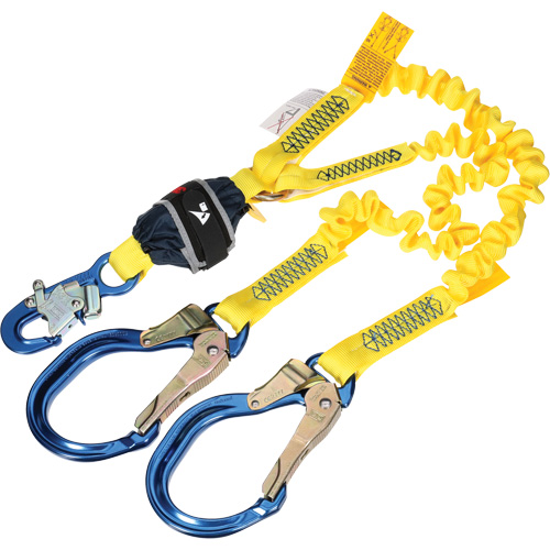 Twin-Leg Stretch Web Shock-Absorbing Lanyard, 6', Rebar Hook Center, Snap Hook Leg Ends R.M.G. Prévention