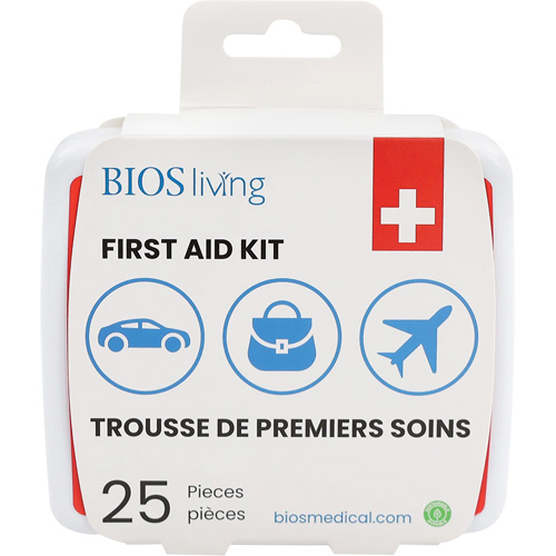 Trousse de premiers soins pour la maison et le voyage de 25 morceaux, Boîte en plastique R.M.G. Prévention