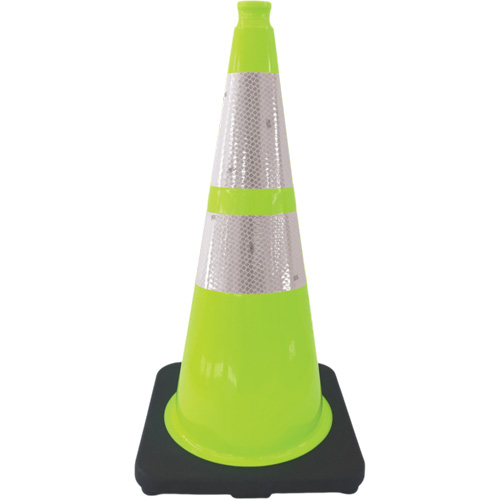 C&ocirc;ne de signalisation de premi&egrave;re qualit&eacute;, 28", Vert lime, Bande(s) r&eacute;fl&eacute;chissante(s) 4" & 6" R.M.G. Prévention