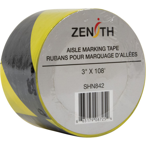 Aisle Marking Tape, 3" x 108', PVC, Noir et jaune R.M.G. Prévention
