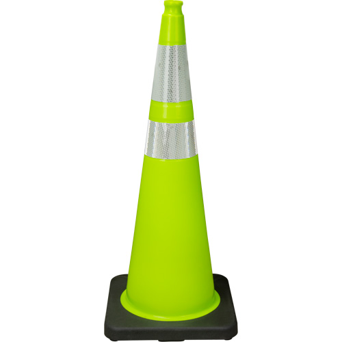 C&ocirc;ne de signalisation de premi&egrave;re qualit&eacute;, 36", Vert lime, Bande(s) r&eacute;fl&eacute;chissante(s) 4" & 6" R.M.G. Prévention