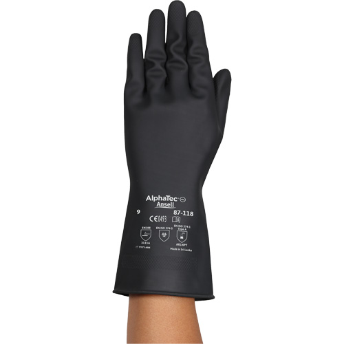 Gants r&eacute;sistants aux produits chimiques AlphaTec 87-118, Taille Petit/7, 12,6" lo, Latex de caoutchouc, Doublure en Coton, 31-mil R.M.G. Prévention