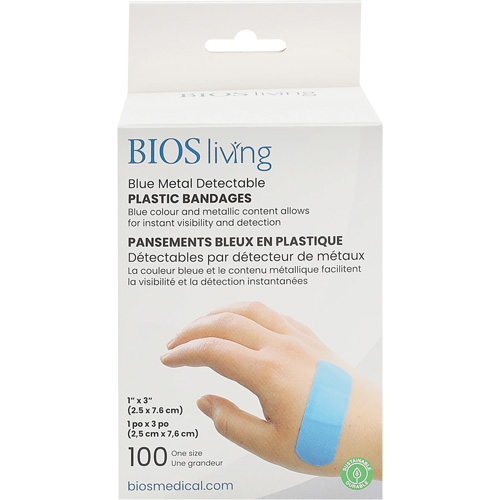 Blue Water-Resistant Bandages, Rectangular/Square, 3", Plastic Metal Detectable, Sterile R.M.G. Prévention