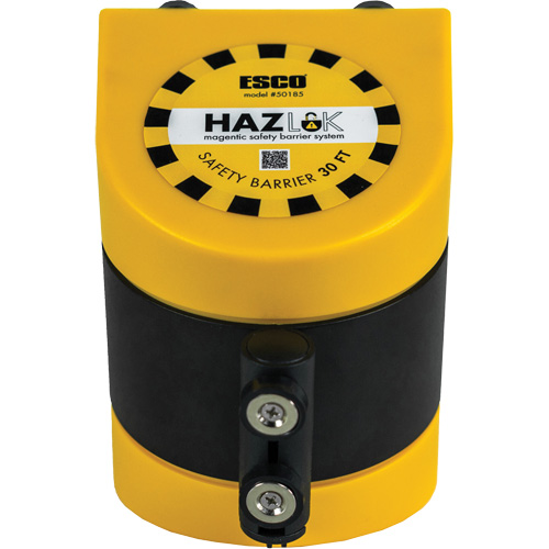 HAZLOK Safety Barrier System, Plastic, Magnetic Mount, 30', Black and Yellow Tape R.M.G. Prévention