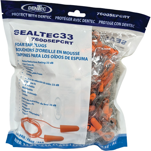 Bouchons d'oreilles coniques jetables en mousse de PU orange SEALTEC33, Vrac - Sac en poly, Avec cordon R.M.G. Prévention
