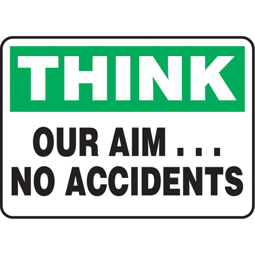 "Our Aim… No Accidents" Sign, 7" x 10", Aluminum, English R.M.G. Prévention