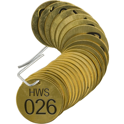 Numbered "HWS" Valve Tags, # 026-050, Brass, 1.5" dia R.M.G. Prévention