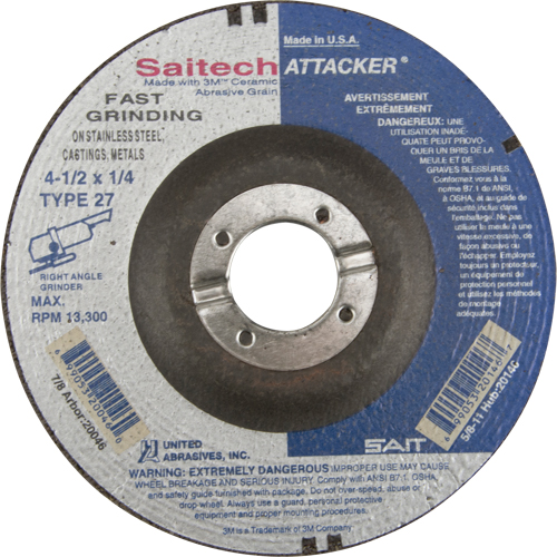 Saitech Attacker&reg; Fast Grinding Wheel, 4-1/2" x 1/4", 7/8" Arbor, Aluminum Oxide/Ceramic, Type 27 R.M.G. Prévention